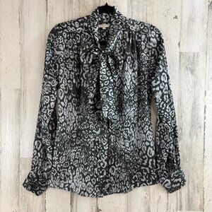 Ann Mashburn Tie Neck Blouse Sz M Silk Animal Print Bow Shirt